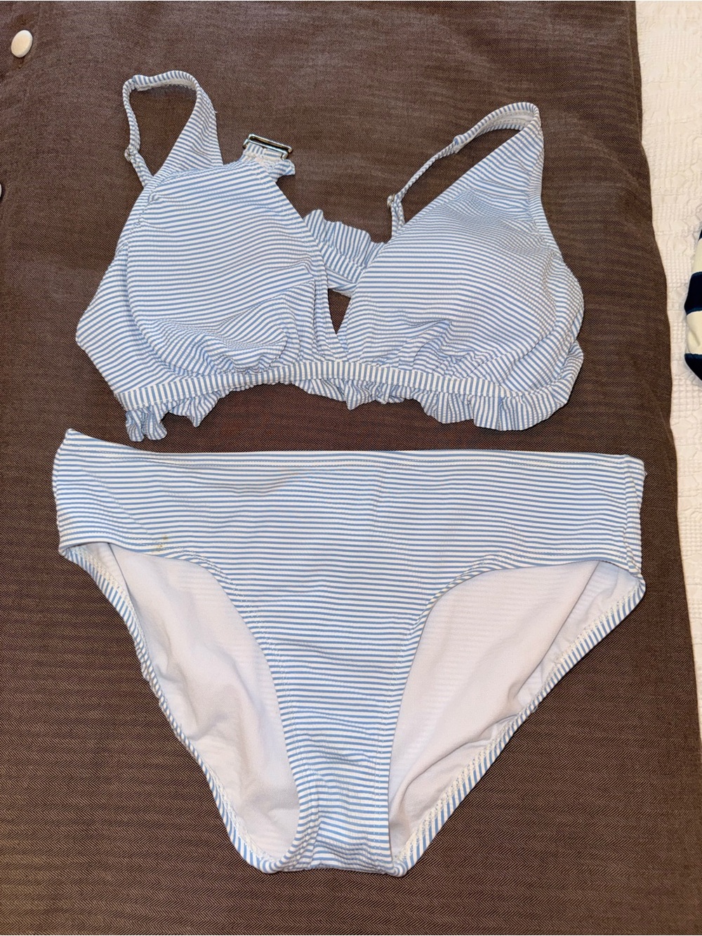 crown & ivy Light Blue and White Striped Bikini Set